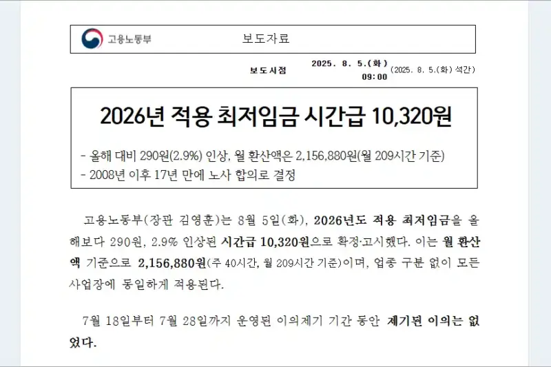 2026년 최저임금 확정 연봉별 실수령액 알아보기